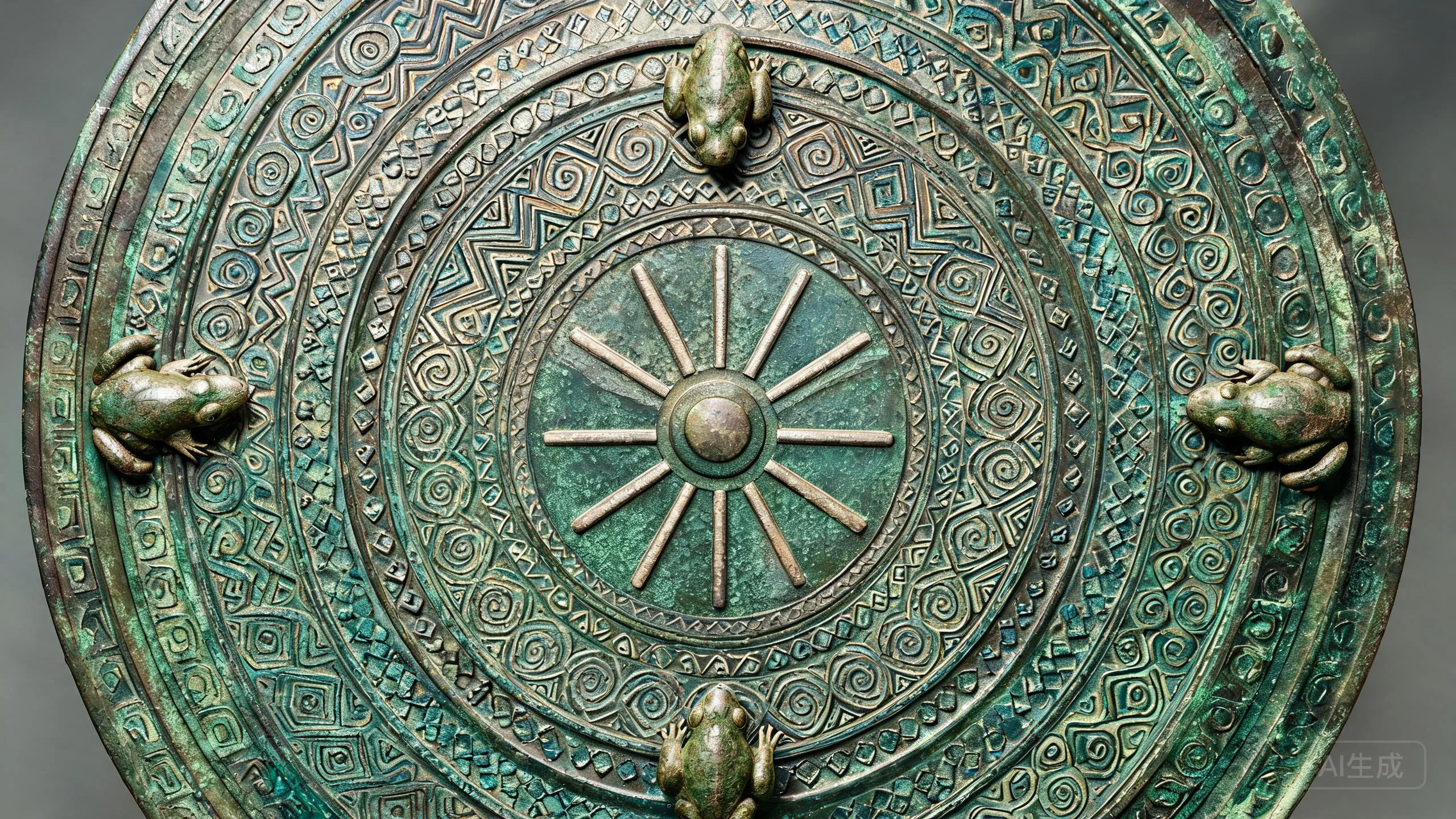 A top-down view of a Zhuang bronze drum face showing concentric bands of geometric patterns and four bronze figures positioned around the rim — the central sun-ray boss and surrounding decorative rings embody the Zhuang cosmology cast in bronze